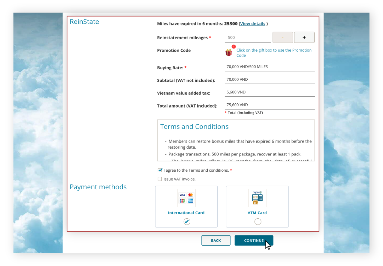 Instructions for reinstating bonus miles on the website 4.