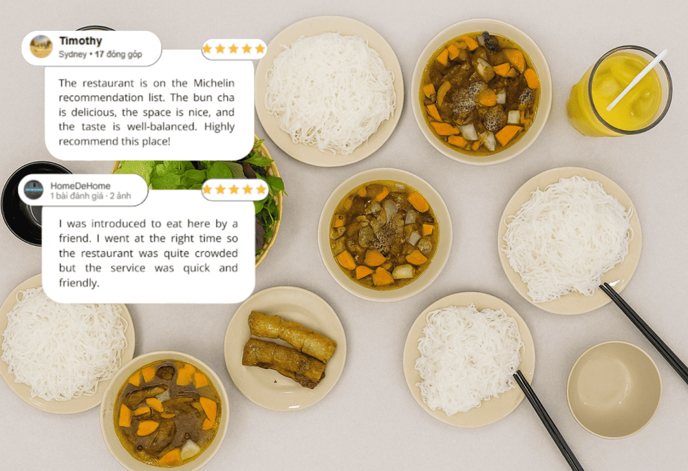 One full serving of Bun Cha Ta includes grilled pork, vermicelli and 2 fried spring rolls