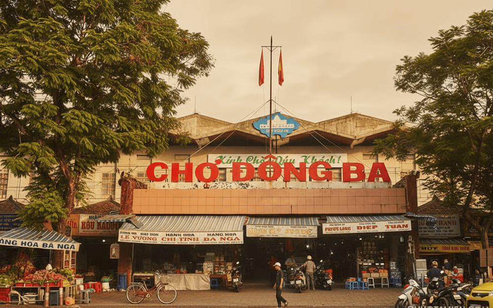 Travelers commonly reach Dong Ba Market by taxi, motorcycles, or public bus for convenience