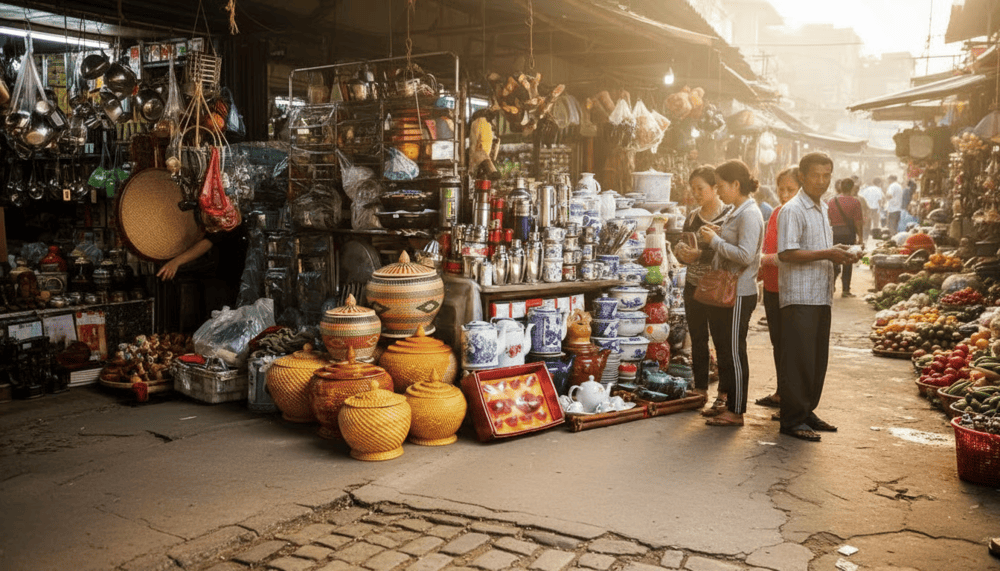 Vibrant souvenir stalls at Dong Ba Market offer hats, crafts, and textiles – a highlight in many dong ba market reviews