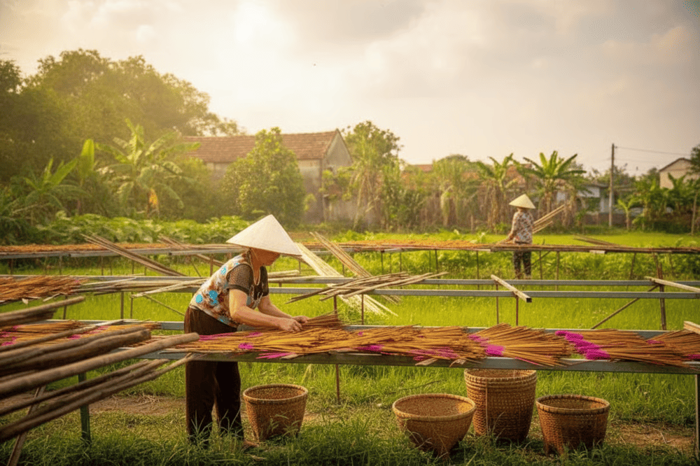 The local people carefully dry incense sticks underneath the sunlight, preserving the traditional craft in a serene rural setting