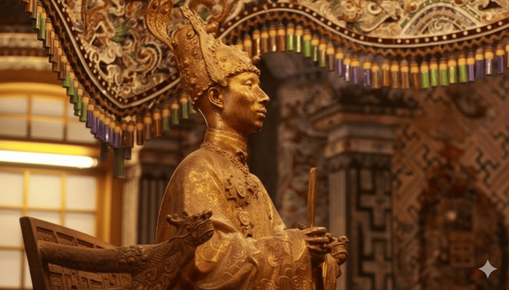 A highlight of the mausoleum is the bronze statue of Emperor Khai Dinh, crafted in France and transported to Vietnam