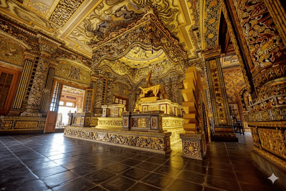 Ascending further, visitors reach the Thien Dinh Palace, the centerpiece of the mausoleum