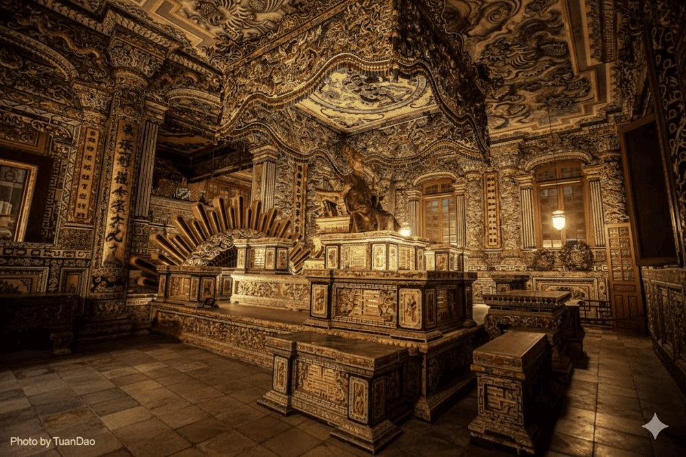 Located within Thien Dinh Palace beneath the emperor’s altar, Khai Thanh Hall is a stunning display of grandeur and intricate artistry