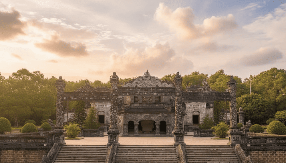 This gate showcases a blend of Vietnamese and Indian architectural elements, adorned with intricate carvings and symbolic motifs