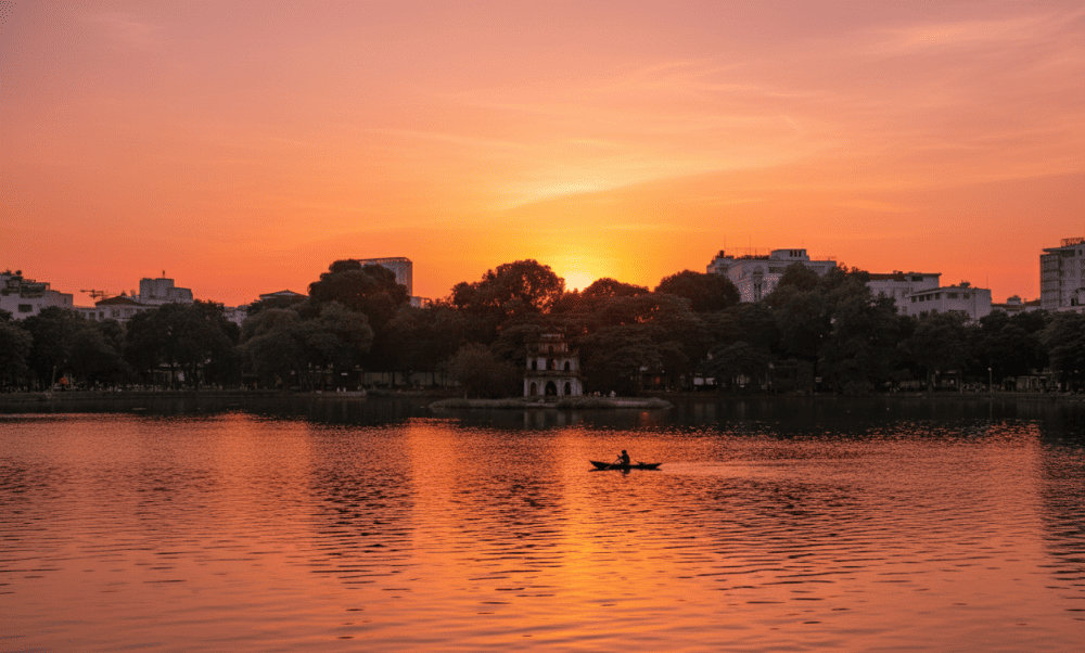 Hoan Kiem Lake walking street is a favorite destination for sunset photography