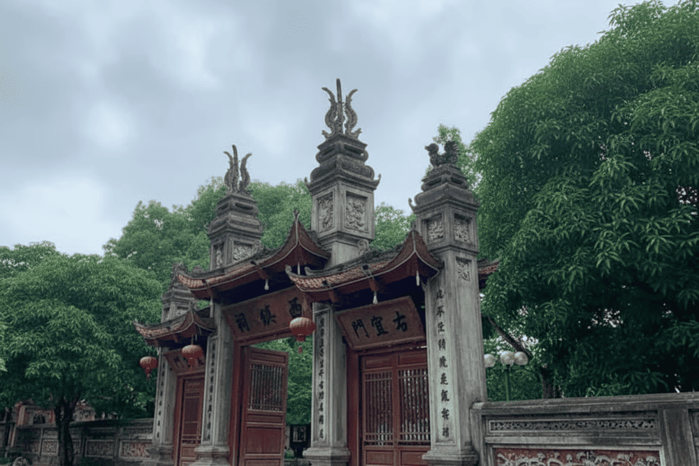 The temple roof follows the traditional style of ancient Vietnamese temples