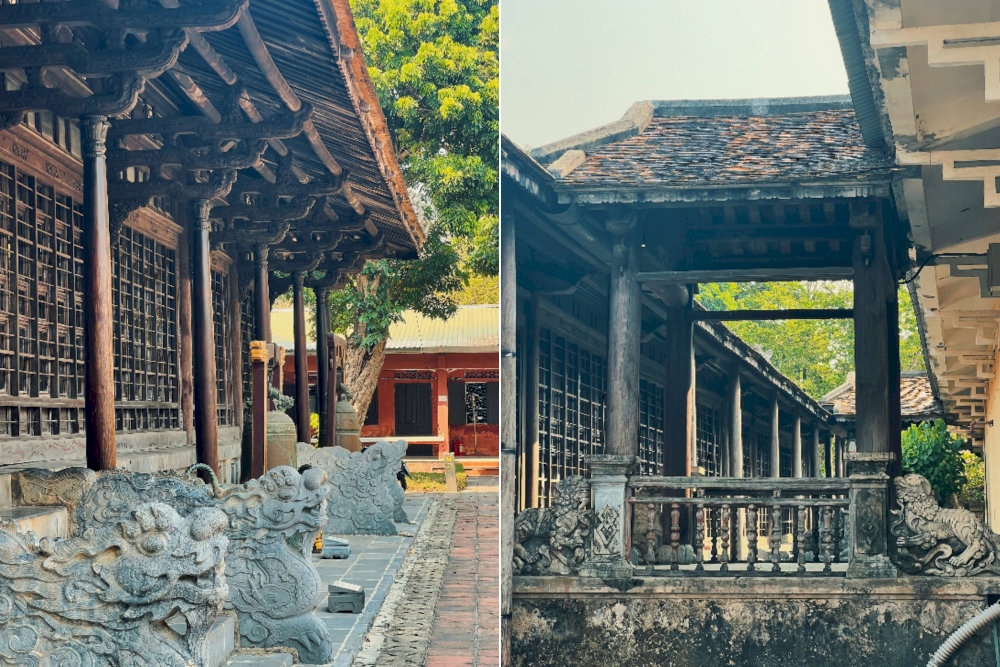 The wooden pillars are intricately carved with dragon motifs and incorporate the sacred symbols of the dragon, unicorn, tortoise and phoenix