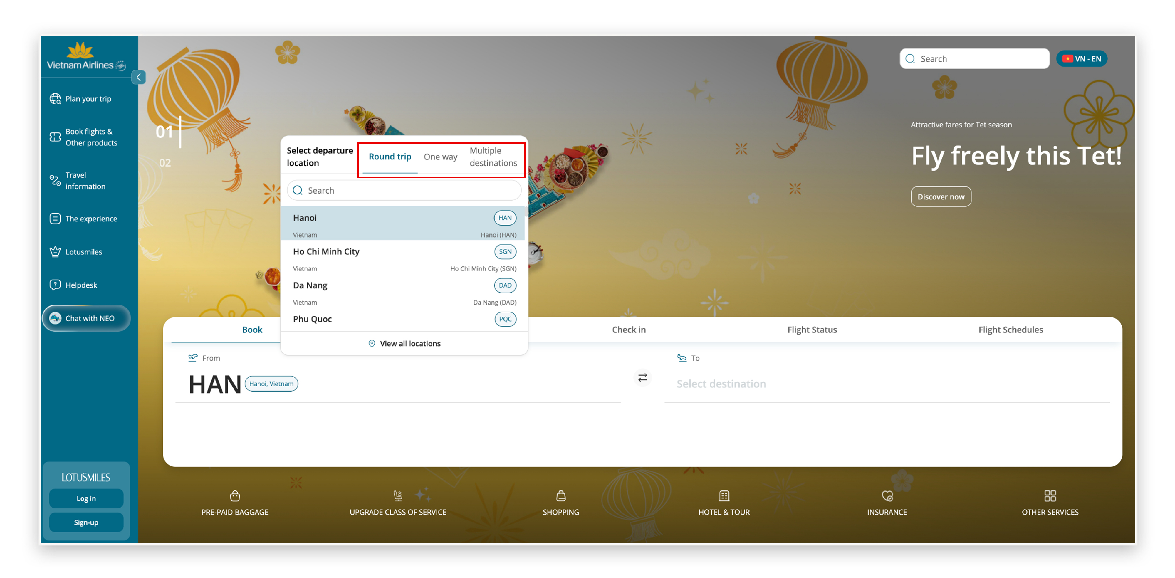 Hướng dẫn đặt vé trên web bước 1.