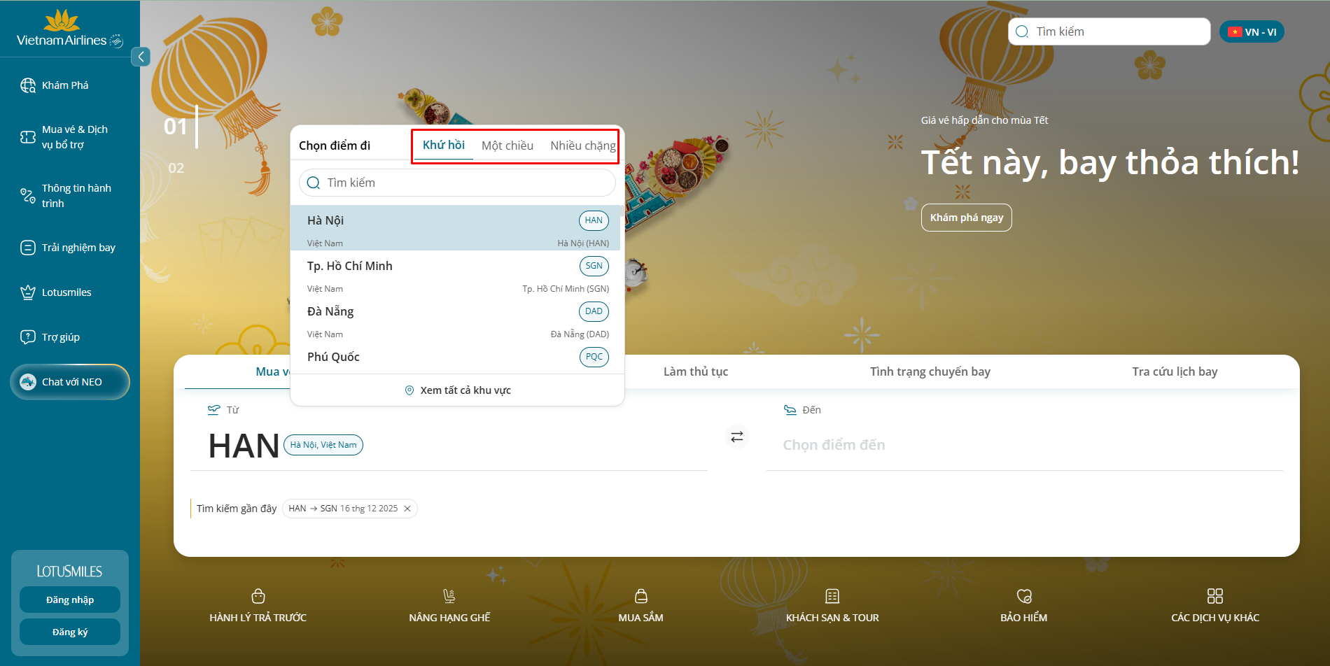 Hướng dẫn đặt vé trên web bước 1.